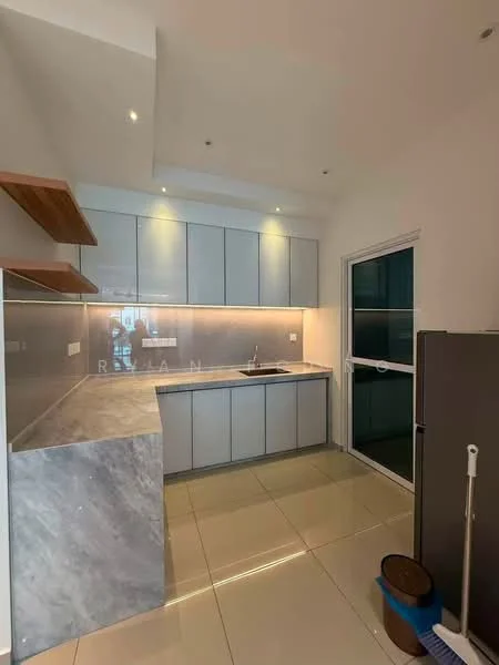 Kitchen features: grey marble countertop, stainless-steel sink, chrome pull-down faucet, flat-panel grey cabinets, open shelving, white tile backsplash, recessed LED downlights, ceramic tile flooring, floor-to-ceiling window, sliding glass door; style: modern.