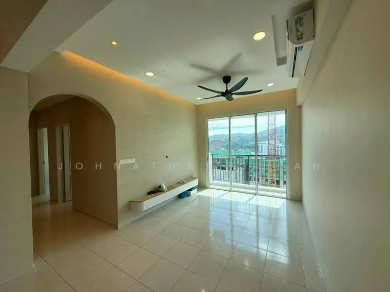 Living features: cream painted walls, white ceiling, 5-blade ceiling fan with light, floor-to-ceiling windows, sliding glass door, glazed tile flooring, built-in shelf, mountain view; style: modern; view: mountain.