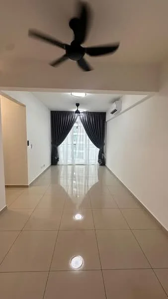 Living features: white painted walls, glossy ceramic tile flooring, 5-blade ceiling fan with light, recessed downlights, floor-to-ceiling windows, sheer curtains, sliding glass door, balcony view; style: modern; view: city.