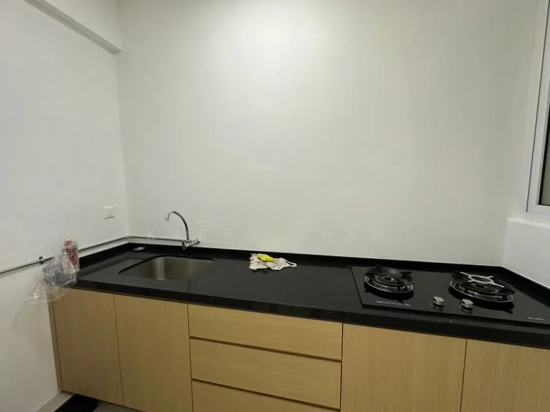 Kitchen features: black granite countertop, single-bowl stainless-steel sink, chrome pull-down faucet, 2-burner gas hob, wood cabinetry with flat-panel design, white painted walls, window for natural light; style: modern.
