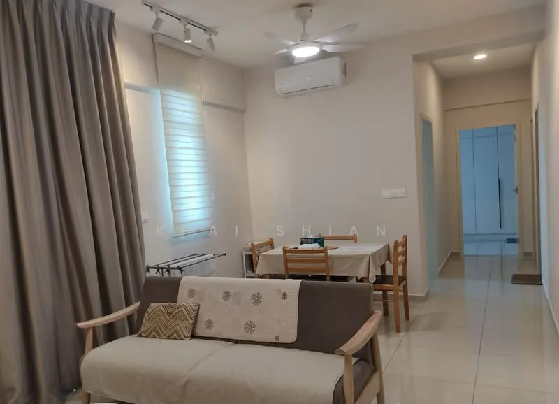 Living features: 3-seater fabric sofa in beige, ceiling fan, wall-mounted air conditioning unit, dining table with 4 wooden chairs, white walls, tile flooring, curtains, window with horizontal blinds, light fixtures, open layout to hallway; style: modern. Room features: doorway leading to hallway, doorway leading to bathroom, light-colored walls, tile flooring.