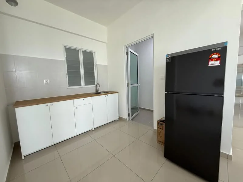 Kitchen features: white cabinetry, wood countertop, single-bowl stainless-steel sink, chrome pull-down faucet, black fridge, ceramic tile flooring, white tiled walls, window with glass panes, door leading to another room; style: modern.