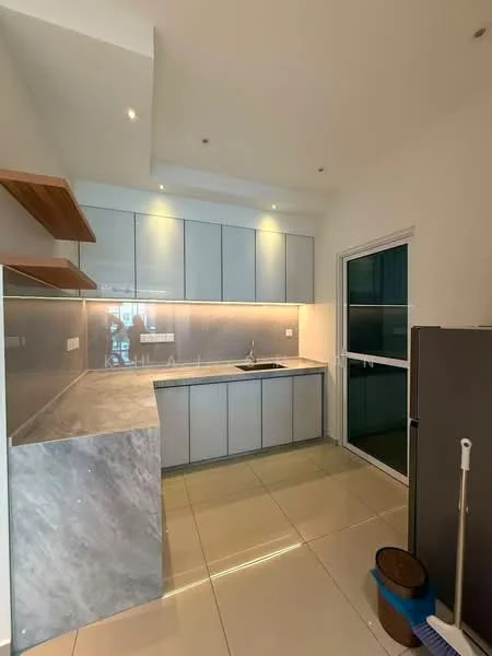 Kitchen features: grey marble countertop, light grey cabinetry, stainless-steel sink, chrome pull-down faucet, white tiled backsplash, built-in refrigerator, open shelving, recessed downlights, large window, glossy floor tiles; style: modern.