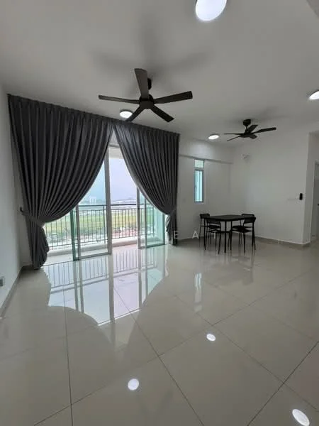 Living features: glossy tile flooring, white painted walls, 2 ceiling fans, floor-to-ceiling windows, sliding glass door, sheer curtains, black dining table with chairs, balcony view, recessed downlights; style: modern; view: garden.