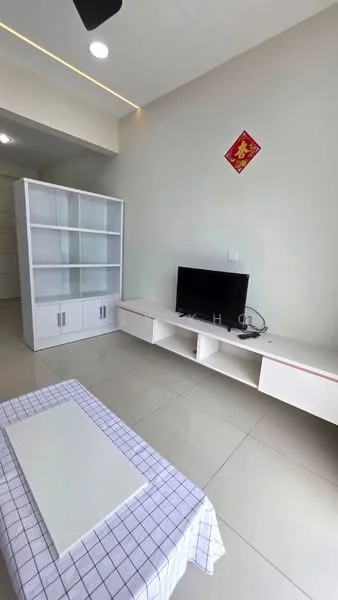 Living features: white wall, light grey floor tiles, ceiling fan, wall-mounted TV, white TV console, white shelving unit, decorative wall art, coffee table with checkered tablecloth; style: modern.