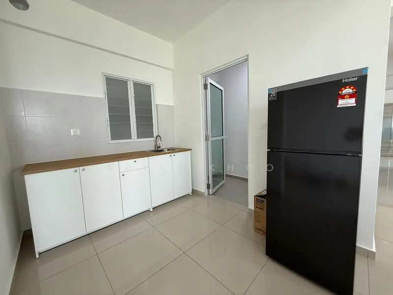 Kitchen features: white shaker cabinets, wood countertop, single-bowl stainless-steel sink, chrome pull-down faucet, black fridge, ceramic tile flooring, white tiled walls, window with sliding glass, door to adjacent room; style: modern.