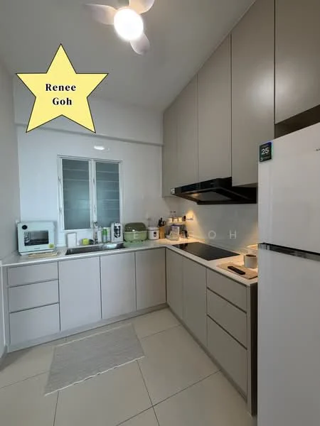 Kitchen features: light grey cabinetry, white countertop, stainless-steel sink, chrome pull-down faucet, built-in oven, microwave, ceramic tile flooring, recessed downlights, window with grid pattern, kitchen utensils on countertop, green kitchen appliance, white walls; style: modern.