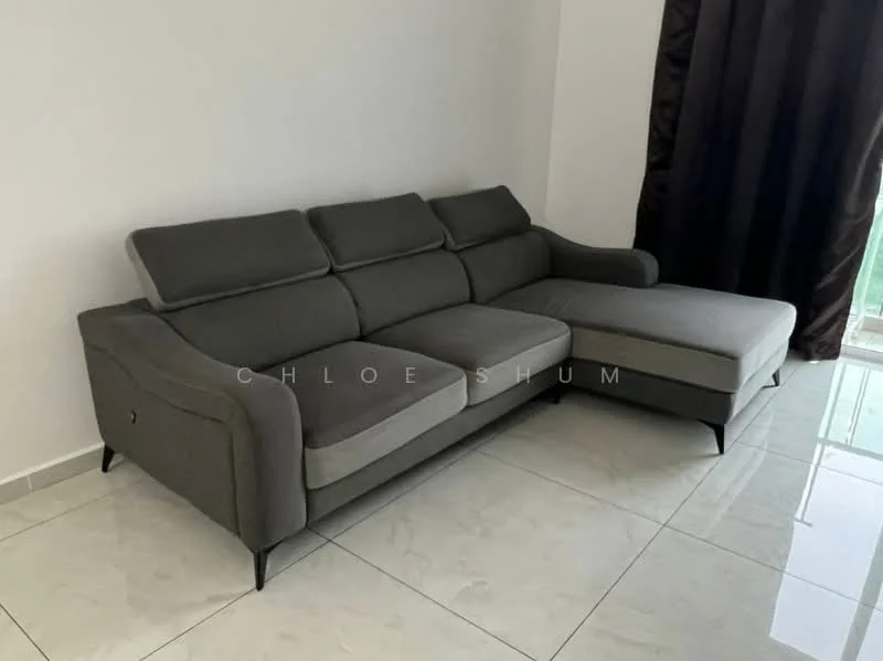 Living features: 3-seater fabric sofa in grey, sectional sofa with chaise, white walls, glossy tile flooring, floor-to-ceiling window, black curtains; style: modern.