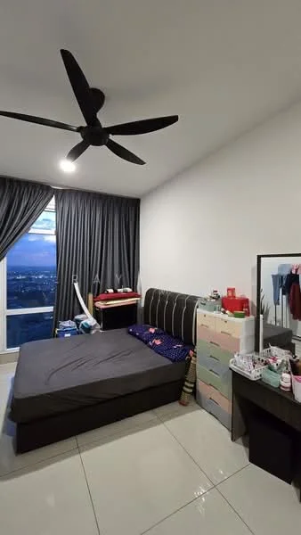 Bedroom features: king-size bed, upholstered headboard, 5-blade ceiling fan with light, floor-to-ceiling window, grey curtains, white painted walls, glossy tile flooring, colorful chest of drawers, nightstand, decorative items on nightstand, clothes hanging on wall, view of city skyline; style: modern; view: city.
