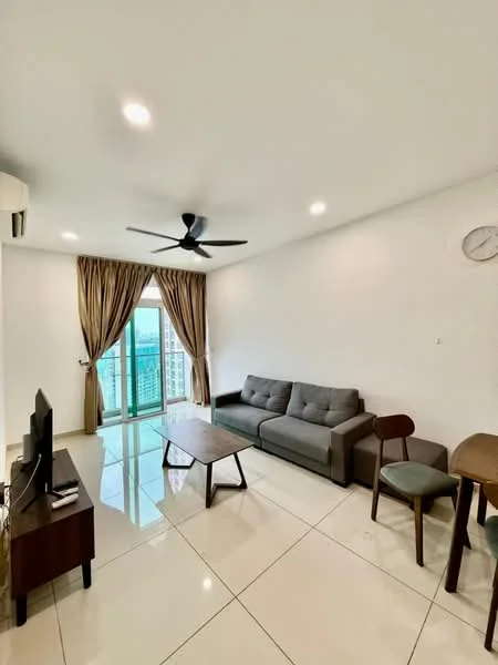 Living features: grey fabric sofa, wood coffee table, 2 wooden chairs, floor-to-ceiling windows, sheer curtains, 5-blade ceiling fan with light, wall-mounted clock, white painted walls, glossy tile flooring, air conditioning unit; style: modern; view: city.