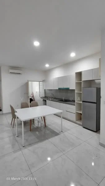 Kitchen features: white cabinets, grey countertop, stainless-steel fridge, built-in oven, 4-burner gas hob, single-bowl stainless-steel sink, chrome pull-down faucet, ceramic tile flooring, recessed LED downlights, dining table with white surface, 4 wooden dining chairs, wall-mounted split AC; style: modern.