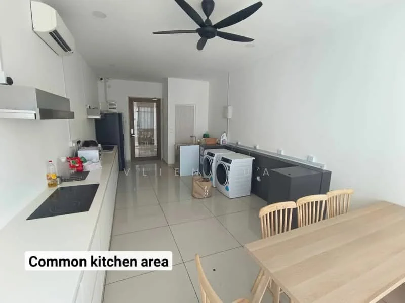 Kitchen features: white cabinetry, black countertop, built-in oven, stainless-steel sink, chrome pull-down faucet, 4-burner gas hob, refrigerator, washing machine, dining table with wooden chairs, floor-to-ceiling windows, air conditioning unit, ceramic tile flooring, ceiling fan; style: modern.
