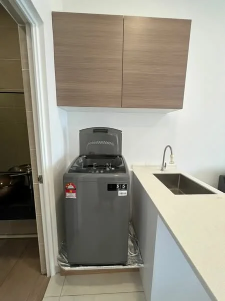 Laundry features: top-load washing machine in grey, wooden cabinetry in light brown, single-bowl stainless-steel sink, light-colored countertop, tile flooring, white painted walls; style: modern.