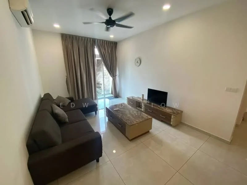 Living features: 3-seater fabric sofa in dark grey, coffee table with marble top, TV console, wall-mounted TV, floor-to-ceiling windows, curtains, light-colored walls, tile flooring, ceiling fan with light, air conditioning unit; style: modern; view: garden.