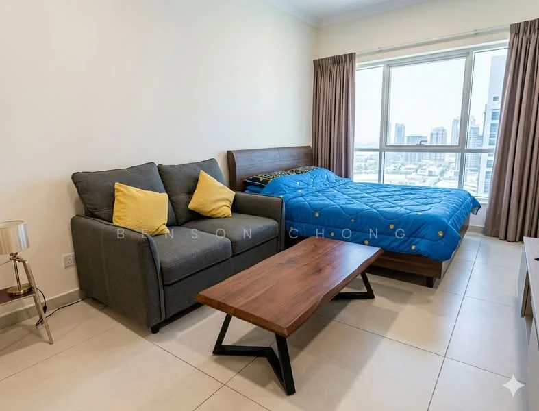 Living features: grey fabric sofa, yellow accent pillows, wood coffee table, queen-size bed with blue bedding, floor-to-ceiling windows, curtains, tile flooring, city view; style: modern; view: city.