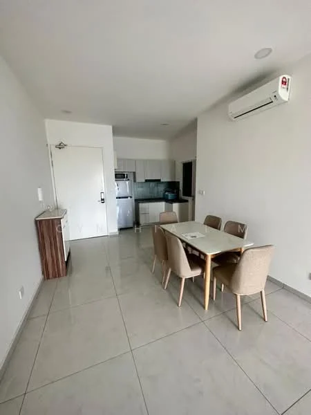 Dining features: dining table with 6 chairs, white walls, tile flooring, wall-mounted split AC, refrigerator, built-in kitchen cabinets, countertop, kitchen area visible in background; style: modern.