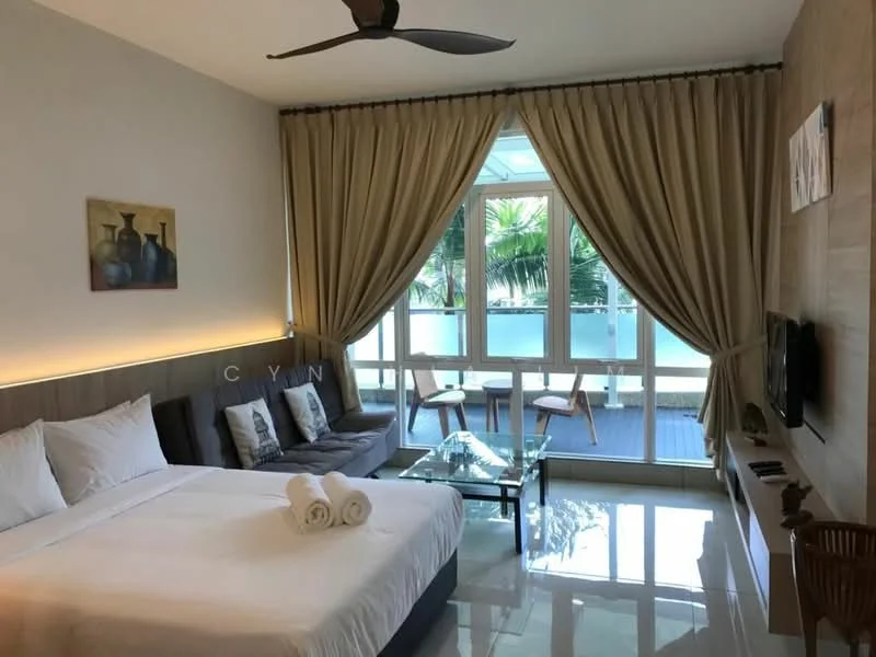 Bedroom features: king-size bed with white bedding, upholstered headboard, 2 bedside lamps, sofa in grey fabric, coffee table, wall-mounted TV, floor-to-ceiling windows, sheer curtains, wooden flooring, ceiling fan, decorative artwork on wall, towels neatly arranged; style: modern; view: garden.
