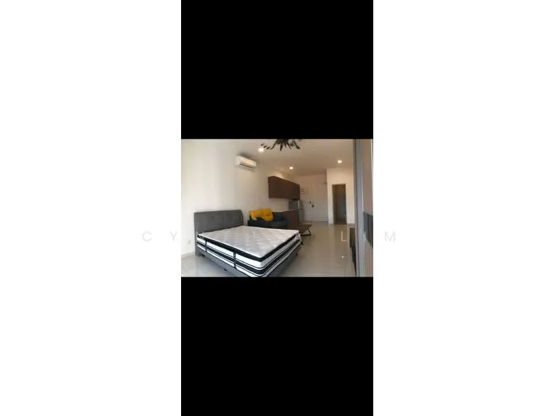 Bedroom features: queen-size bed, upholstered headboard, wall-mounted air conditioning unit, built-in wardrobe, light fixture, neutral wall color, tile flooring, decorative wall art; style: modern.
