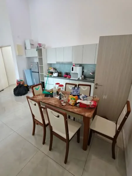 Kitchen features: white cabinetry, grey countertop, stainless-steel fridge, built-in microwave, freestanding range oven, single-bowl stainless-steel sink, chrome pull-down faucet, tile flooring, dining table with four chairs, various kitchen appliances, kitchen utensils and food items scattered, open shelving, wall-mounted cabinets; style: modern.