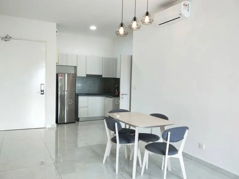 Dining features: 4-seater dining table, white table with light wood legs, upholstered dining chairs in grey, pendant lighting with exposed bulbs, wall-mounted air conditioning unit, glossy tile flooring, white painted walls, kitchenette with grey cabinetry, stainless-steel fridge, built-in oven, grey backsplash, sink; style: modern.