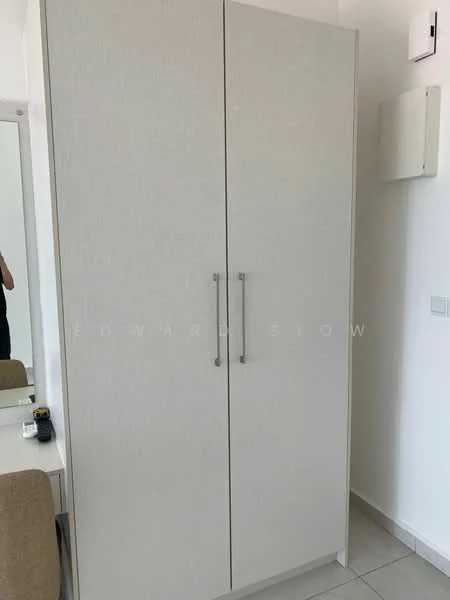 Room features: built-in wardrobe with double doors, light-colored cabinetry, simple modern handles, white walls, tile flooring; style: modern.