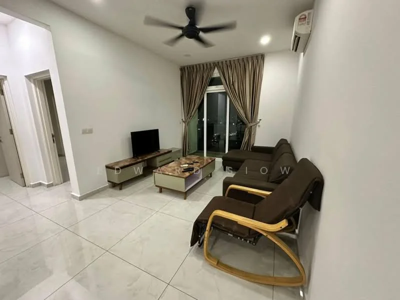 Living features: white painted walls, marble tile flooring, 5-blade ceiling fan with light, floor-to-ceiling windows, sheer curtains, TV console, wall-mounted TV, 3-seater fabric sofa in brown, coffee table, decorative items on coffee table; style: modern.