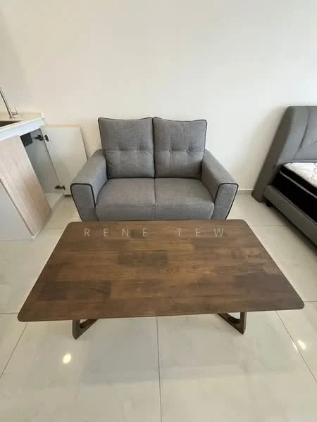 Living features: 3-seater fabric sofa in grey, wooden coffee table, white walls, glossy tile flooring, recessed downlights, neutral decor, minimalist style; style: modern.
