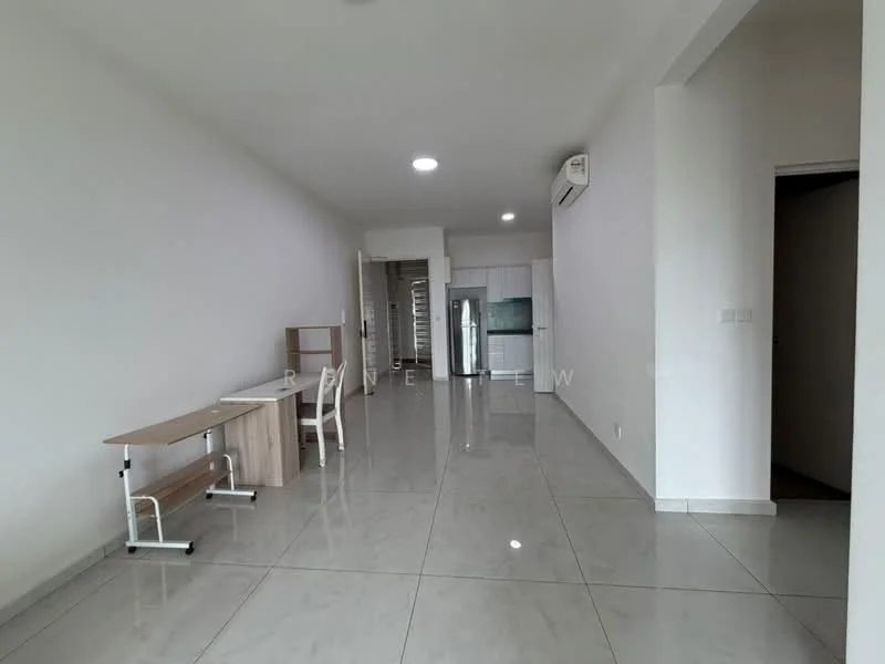 Living features: white painted walls, glossy ceramic tile flooring, recessed downlights, 1 wall-mounted split AC, large window, open layout, study desk, neutral decor; style: modern. Room features: white painted walls, glossy ceramic tile flooring, doorway leading to kitchen, doorway leading to bedroom.