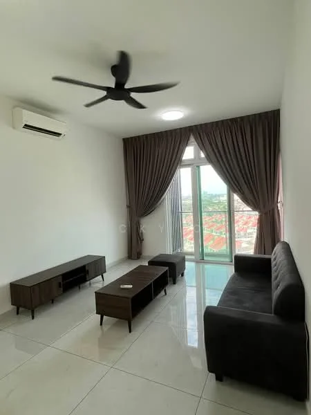 Living features: 3-seater fabric sofa in grey, 2 coffee tables, wall-mounted TV console, floor-to-ceiling windows, sheer curtains, 5-blade ceiling fan with light, white painted walls, polished tile flooring, air conditioning unit; style: modern; view: city.