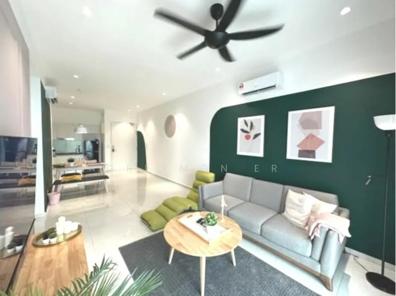 Living features: 3-seater fabric sofa in grey, wooden coffee table, area rug, 5-blade ceiling fan, wall-mounted TV, wall-mounted air conditioning unit, green accent wall, white painted walls, decorative wall art, floor-to-ceiling windows, light-colored flooring, standing floor lamp; style: modern.