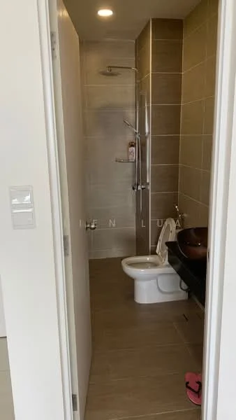 Bathroom features: wall-mounted shower with glass partition, chrome showerhead, single-sink vanity with dark wood cabinet, round vessel sink, toilet, tile cladding on walls, ceramic tile flooring, mirror above sink, shelf above toilet; style: modern.