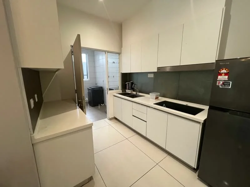 Kitchen features: white flat-panel cabinets, grey backsplash, white quartz countertop, single-bowl stainless-steel sink, chrome pull-down faucet, built-in oven, freestanding fridge, ceramic tile flooring, recessed downlights, wall-mounted cabinets, open shelving, laundry area visible through door; style: modern.