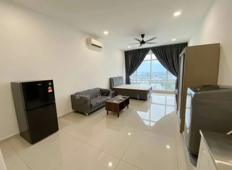 Living features: grey fabric sofa, 2-seater sofa, coffee table, floor-to-ceiling windows, city view, white painted walls, polished tile flooring, 1 wall-mounted split AC, black fridge, white washing machine, curtains, ceiling fan with light; style: modern; view: city.