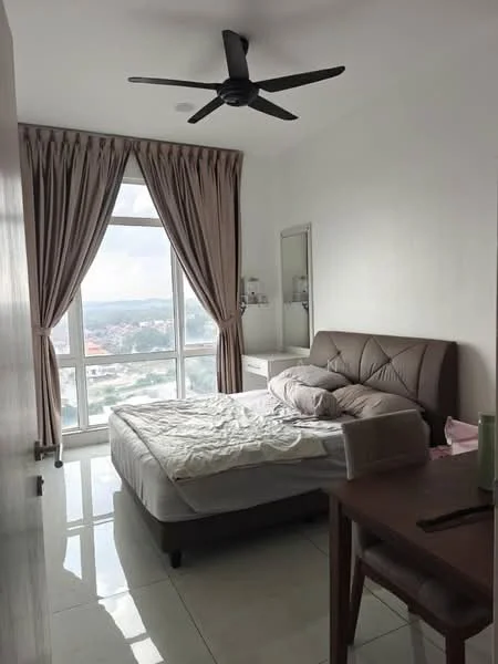 Bedroom features: king-size bed, upholstered headboard, white bedding, floor-to-ceiling windows, sheer curtains, dark brown bedside table, mirror on wall, ceiling fan with light, polished tile flooring, decorative wall, view of city skyline; style: modern; view: city.