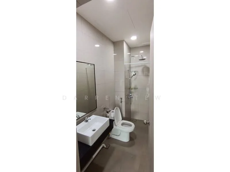 Bathroom features: single-sink vanity with white cabinet, framed mirror, one-piece toilet, walk-in shower with glass enclosure, rain shower head, handheld shower, tile cladding on walls, grey tile flooring, recessed LED downlights; style: modern.