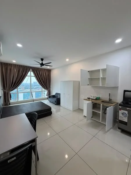 Living features: floor-to-ceiling windows, city view, white painted walls, polished ceramic tile flooring, 5-blade ceiling fan with light, black fabric sofa, white cabinetry, kitchenette with sink, countertop with storage cabinets, refrigerator, dining table with chairs; style: modern; view: city.