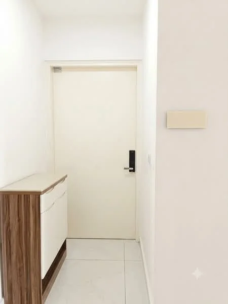 Room features: white painted walls, white door, light-colored cabinetry, wooden cabinet with a light wood finish, tile flooring, door handle, light switch; style: modern.
