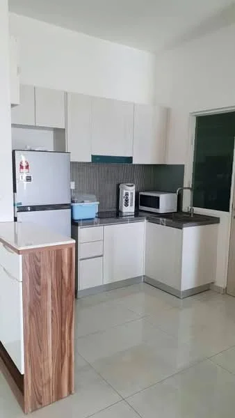 Kitchen features: white cabinetry, grey tiled backsplash, black countertop, stainless-steel fridge, built-in microwave, single-bowl stainless-steel sink, chrome pull-down faucet, ceramic tile flooring, open shelving, wood accent cabinetry, kitchen island, recessed downlights; style: modern.