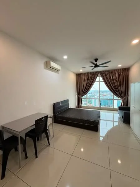 Room features: white painted walls, glossy tile flooring, 5-blade ceiling fan, wall-mounted split AC, large floor-to-ceiling windows, brown curtains, queen-size bed frame without mattress, dining table with 4 black chairs, built-in wardrobe, black sofa; style: modern; view: city.