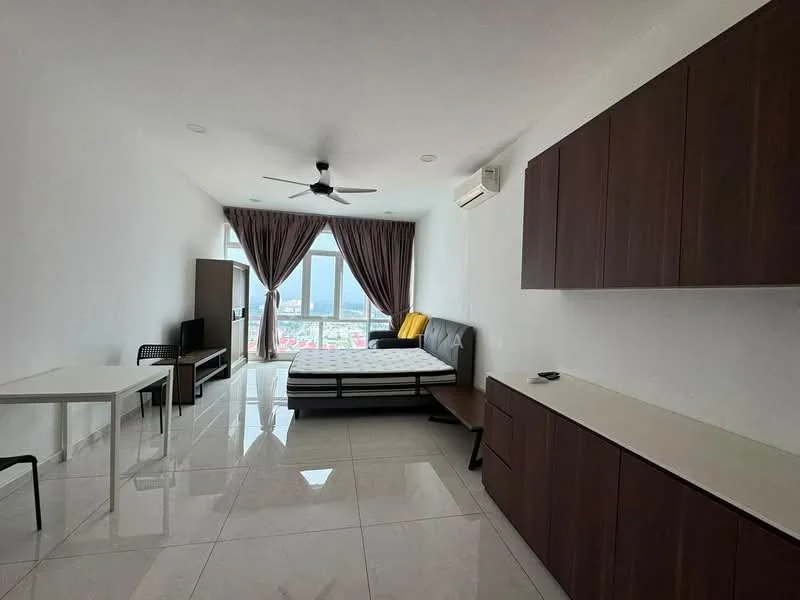 Room features: white painted walls, glossy tile flooring, 5-blade ceiling fan with light, floor-to-ceiling windows, black leather sofa, queen-size bed, wooden cabinetry, white countertop, dining table with black legs, black dining chair, air conditioning unit, curtains in dark brown; style: modern; view: city.