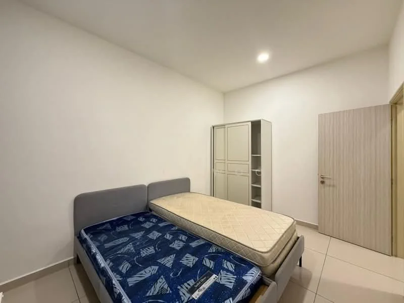 Bedroom features: white painted walls, tile flooring, two beds with mattresses, built-in wardrobe with sliding doors, single door, recessed ceiling lights.