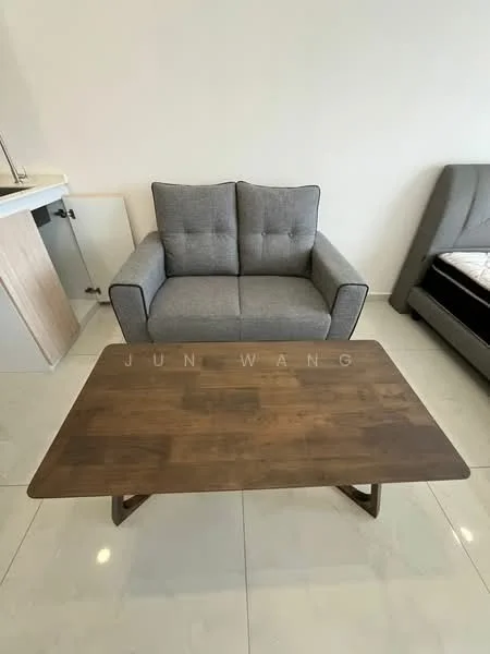 Living features: grey fabric 2-seater sofa, wooden coffee table, glossy tile flooring, white painted walls, recessed downlights, side table, decorative cushions; style: modern.