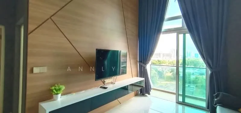Living features: wood panel accent wall, floor-to-ceiling windows, sliding glass door, white TV console, wall-mounted TV, grey curtains, ceramic tile flooring, decorative plant in ceramic pot; style: modern; view: city.