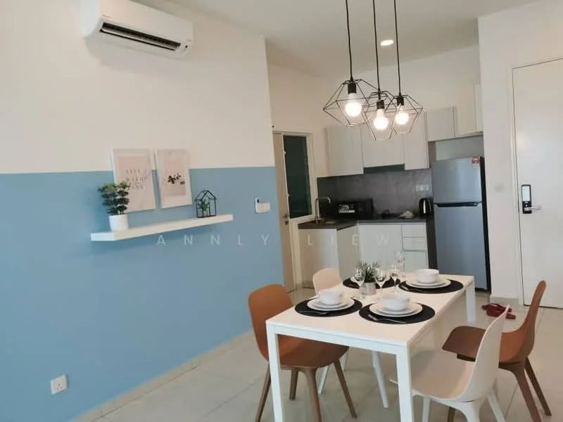 Dining features: white dining table, 4 dining chairs in wood, 3-blade ceiling fan, recessed downlights, decorative pendant lights, blue and white painted walls, open shelving with decor, stainless-steel fridge, built-in kitchen cabinets, black countertop, microwave, kettle; style: modern.