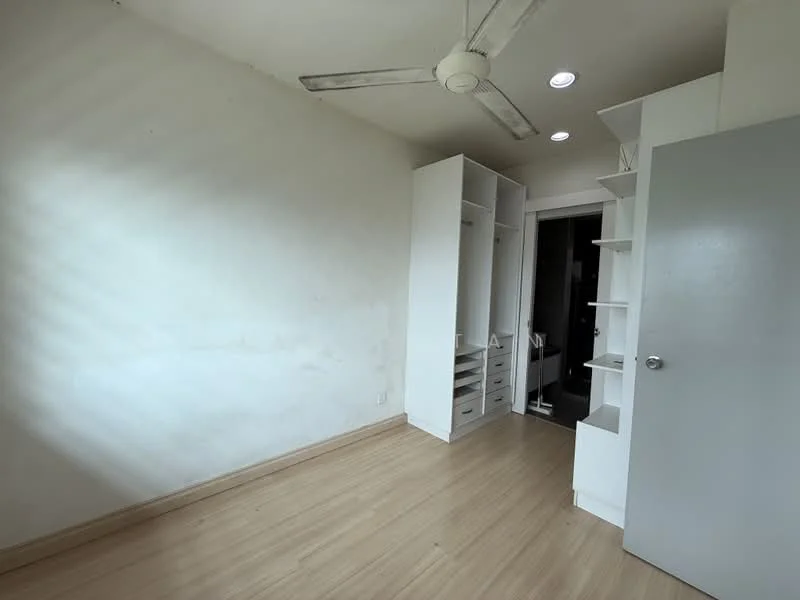 Room features: white painted walls, laminate flooring, 5-blade ceiling fan, built-in wardrobe with drawers, open shelving, door to hallway.