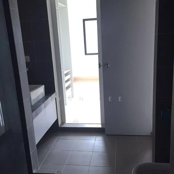 Bathroom features: grey tiled walls, white vanity with sink, mirror above vanity, shower area with glass enclosure, sliding door, grey tiled flooring, heated towel rail, window for natural light; style: modern.