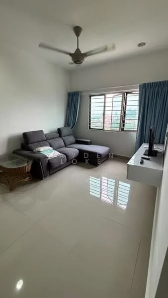 Living features: 3-seater fabric sofa in grey, L-shape sectional sofa, coffee table, wall-mounted TV, TV console, floor-to-ceiling windows, light blue curtains, ceiling fan, white painted walls, glossy ceramic tile flooring; style: modern; view: city.