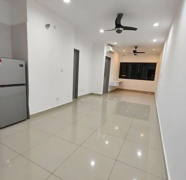 Living features: glossy ceramic tile flooring, white painted walls, recessed downlights, 5-blade ceiling fan, air conditioning unit, large window with city view, grey fridge, wall-mounted shelf; style: modern; view: city.