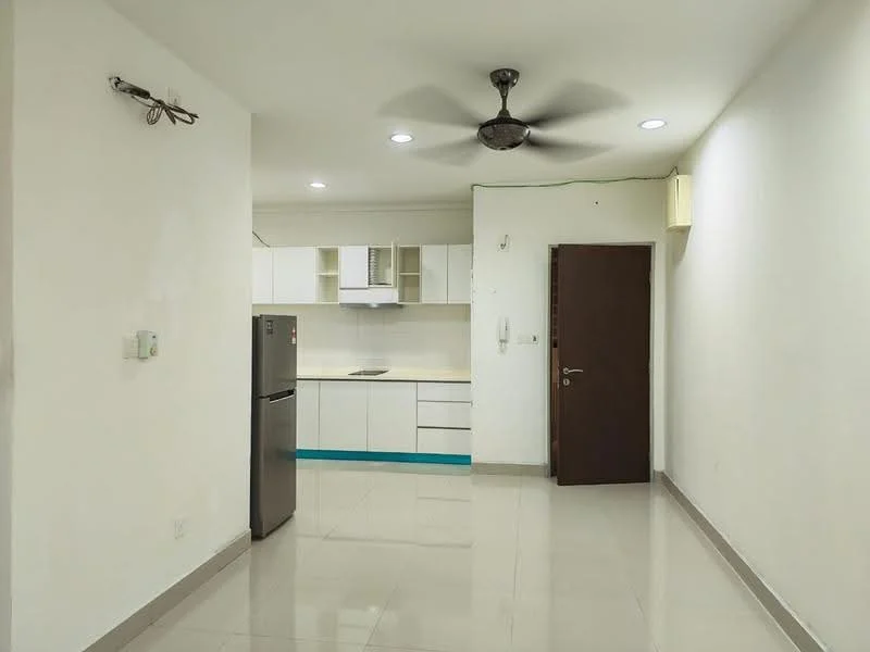 Kitchen features: white cabinets, stainless-steel fridge, built-in oven, ceramic tile flooring, recessed downlights, 5-blade ceiling fan, white walls, countertop with blue accent; style: modern. Living features: ceramic tile flooring, white walls, recessed downlights, 5-blade ceiling fan, door to hallway; style: modern.