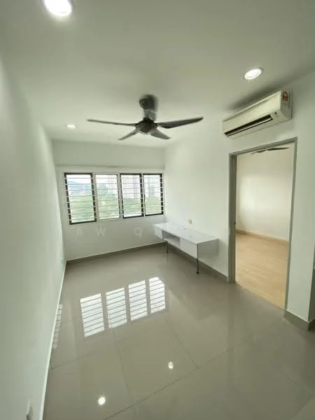 Room features: white painted walls, glossy ceramic tile flooring, 5-blade ceiling fan, wall-mounted split AC, large windows with horizontal slats, window treatments not visible, light fixtures in ceiling, minimalist design; style: modern; view: garden.